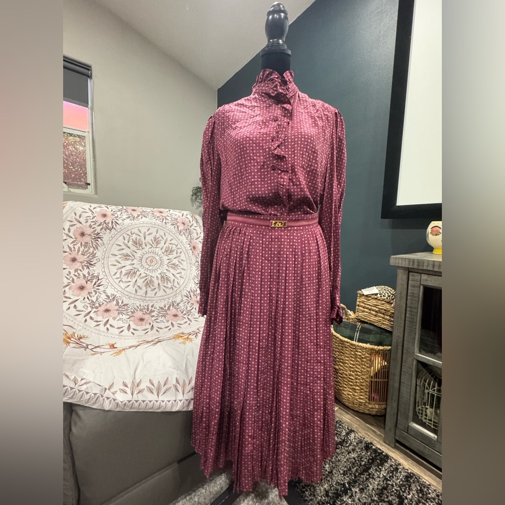 Marciano Burgundy Pleated Maxi Skirt with Dotted Pattern